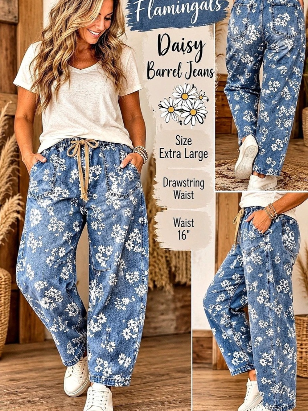 NWT Flamingals Daisy Barrel Jeans Floral Blue & White XL